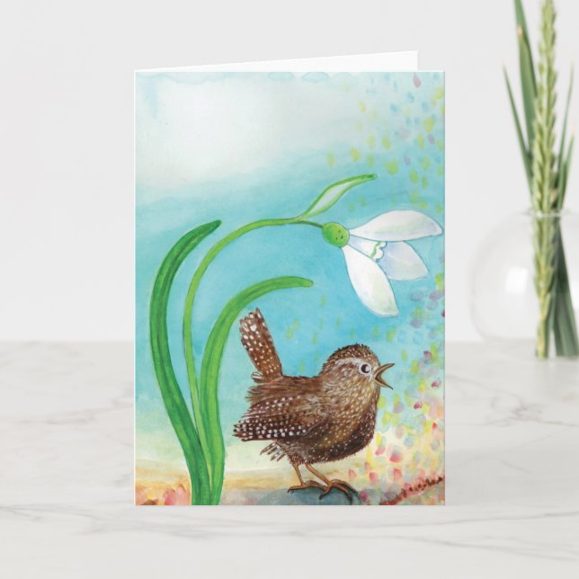 Wren Bird singt in der Morgendämmerung im Frühling Karte (Vorderseite)