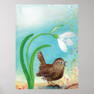 Wren Bird singt in der Morgendämmerung im Frühling Poster
