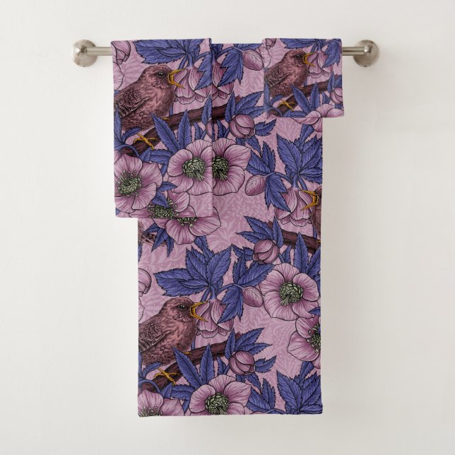 Wren und Hellebore, rosa und violett Badhandtuch Set (Insitu)