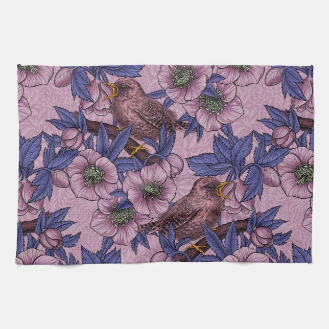 Wren und Hellebore, rosa und violett Geschirrtuch (Horizontal)
