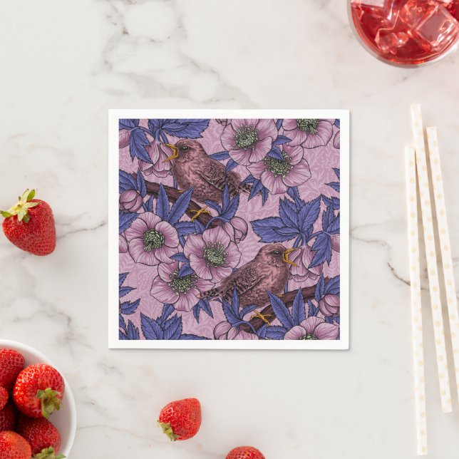 Wren und Hellebore, rosa und violett Serviette (Beispiel)