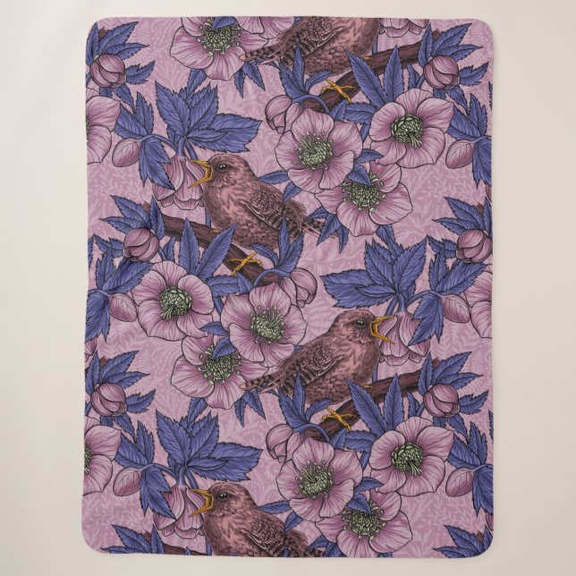 Wren und Hellebore, rosa und violett Sherpadecke (Vorderseite)