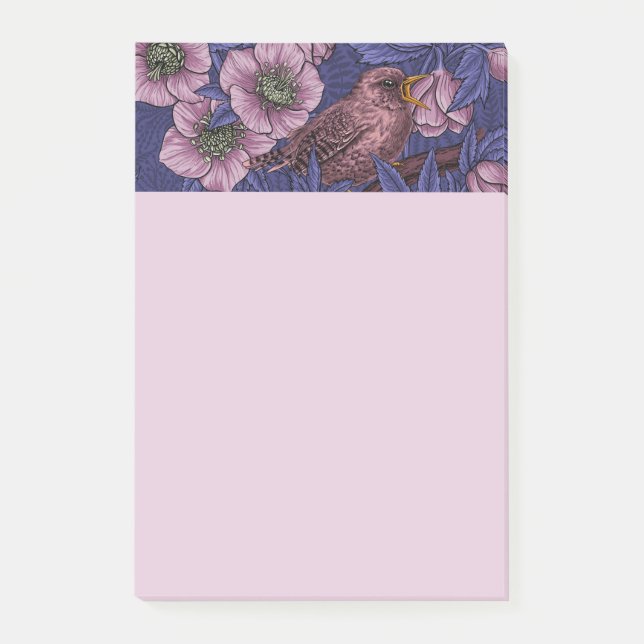 Wren und Hellebore, violett und rosa Post-it Klebezettel (Vorderseite)