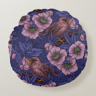 Wren und Hellebore, violett und rosa Rundes Kissen