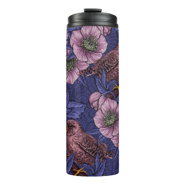 Wren und Hellebore, violett und rosa Thermosbecher (Vorderseite)