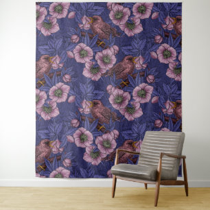 Wren und Hellebore, violett und rosa Wandteppich