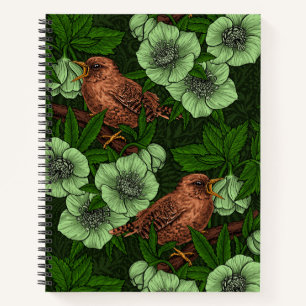 Wren und Hellebos auf dunkelgrün Notizbuch