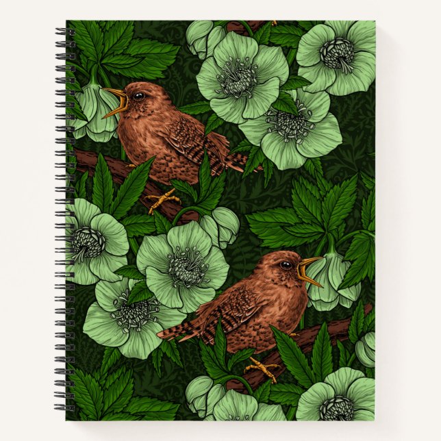 Wren und Hellebos auf dunkelgrün Notizbuch (Vorderseite)