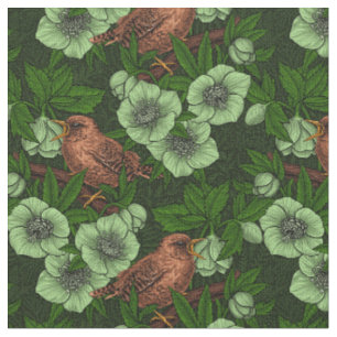 Wren und Hellebos auf dunkelgrün Stoff