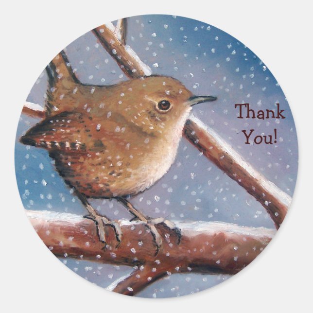 WREN, VÖGEL, WINTER: DANKE STICKER: ART RUNDER AUFKLEBER (Vorderseite)