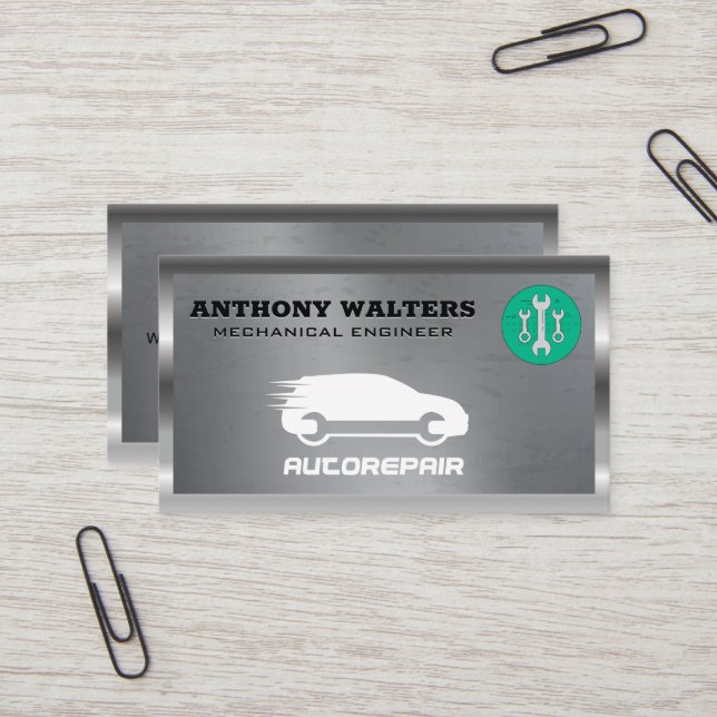 Wrenches | Metallisch | Auto-Reparatur-Logo Visitenkarte (Vorderseite/Rückseite Beispiel)