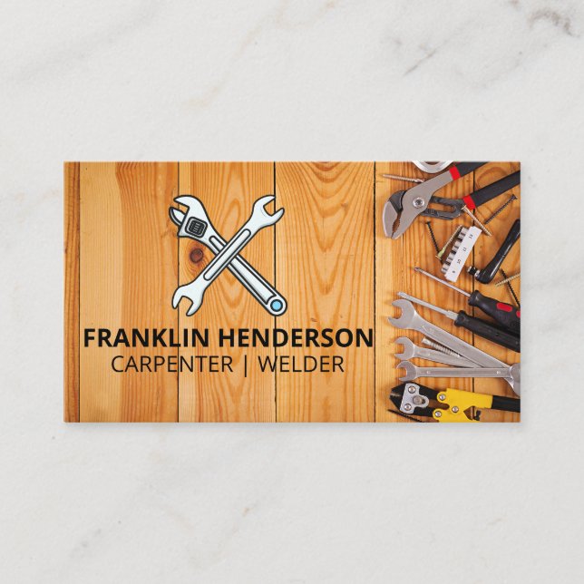 Wrenches | Tools auf Holztisch Visitenkarte (Vorderseite)