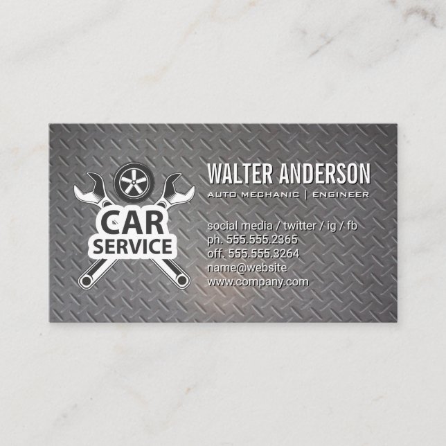 Wrenches und Reifen | Auto-Service-Logo | Metall Visitenkarte (Vorderseite)