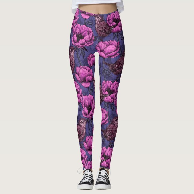 Wrens im Anemonengarten Leggings (Vorderseite)