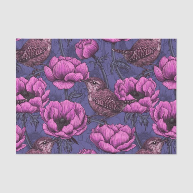 Wrens im Anemonengarten Seidenpapier (Vorderseite)