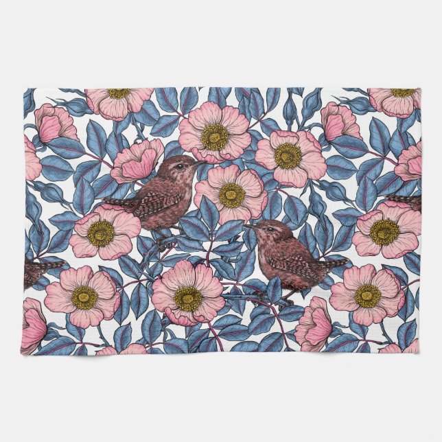 Wrens in den Rose Geschirrtuch (Horizontal)