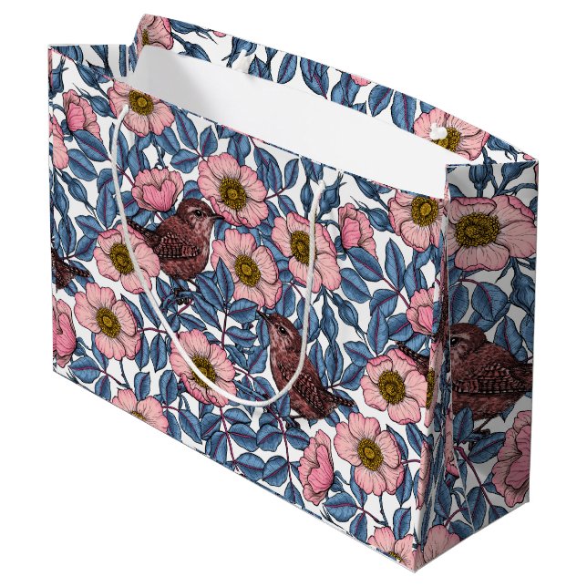 Wrens in den Rose Große Geschenktüte (Rückseite Schrägansicht)