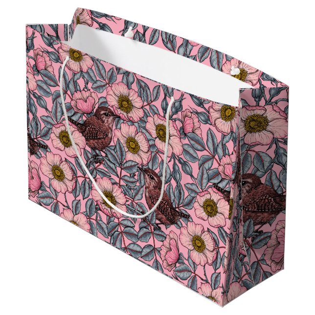 Wrens in den Rose Große Geschenktüte (Rückseite Schrägansicht)