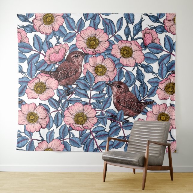 Wrens in den Rose Wandteppich (Beispiel (Horizontal))