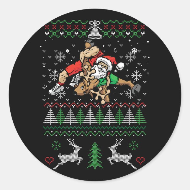 Wrestling Ugly Christmas Wrestler Santa Reindeer F Runder Aufkleber (Vorderseite)
