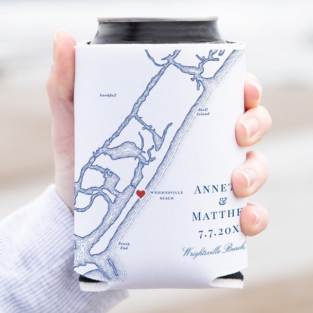 Wrightsville Beach Elegante Wedding Gefallen Dosenkühler (Wrightsville Beach Wedding Favor Can Coozie with navy blue North Carolina Map by Coastal Map Designs)
