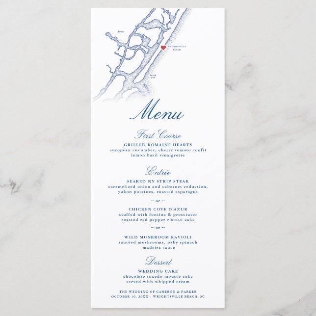 Wrightsville Beach Map Elegant Navy Blue Wedding Menükarte (Vorderseite)
