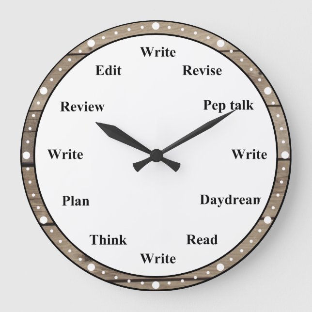 Writer's Clock - Writing Job Fun Faux Brown Wood Große Wanduhr (Vorderseite)