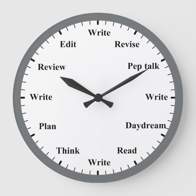 Writer's Clock - Writing Job Fun Grey Wall Clock Große Wanduhr (Vorderseite)