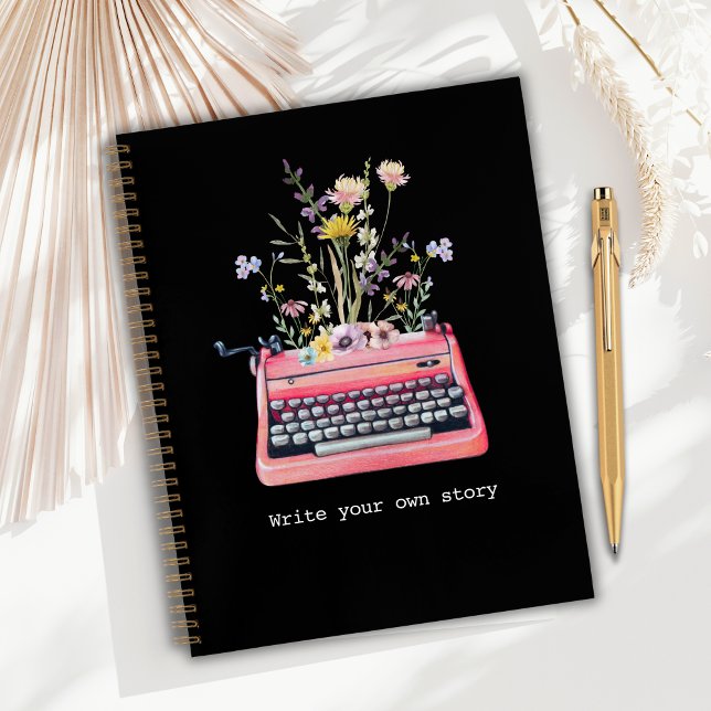 Writers Notebook, Black Write your own story Notizbuch (Writers Notebook, Black cover with floral typewriter artwork and the text "Write your own story")