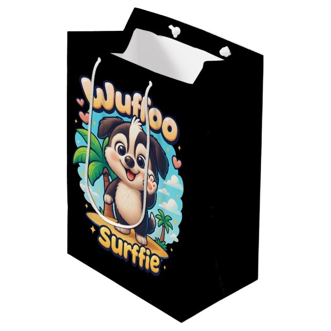 Wuffoo Surffie Cute Kawaii Puppy Tropical Island Mittlere Geschenktüte (Vorderseite Schrägansicht)
