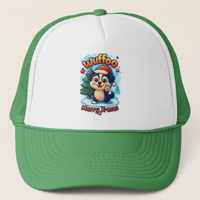 Wuffoo Surffie Merry X-mas Kawaii 3D Holiday Truckerkappe (Vorderseite)