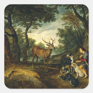 Wunder des Heiligen Hubertus von Peter Paul Rubens Quadratischer Aufkleber