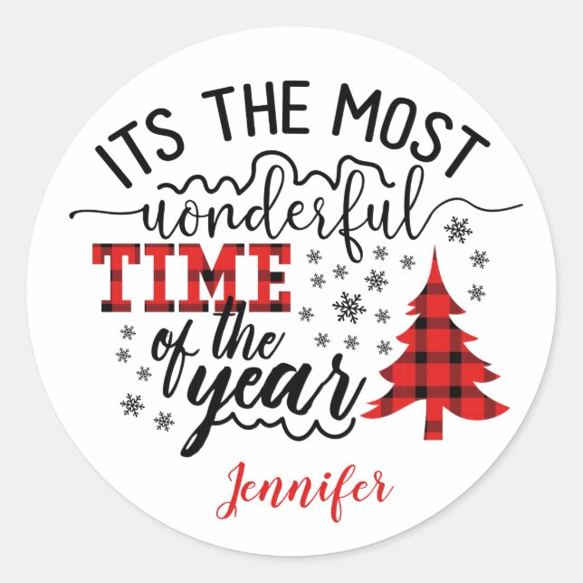 Wunderbare Zeit des Jahres Karierter Weihnachtsbau Runder Aufkleber (Vorderseite)