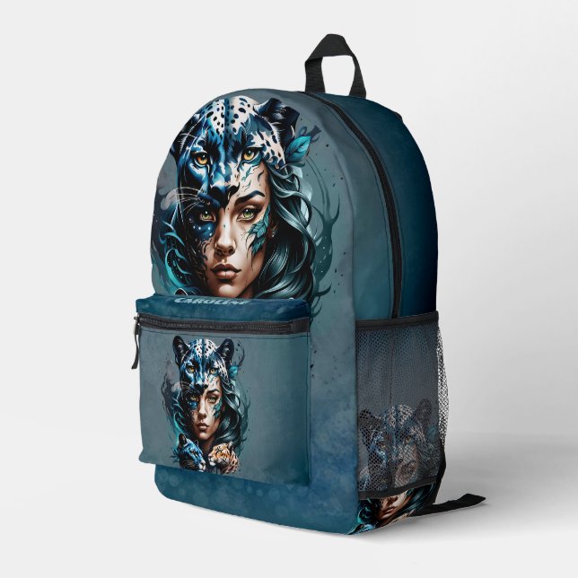 Wunderbarer Hybrid einer Frau und eines Panters Bedruckter Rucksack (Rückseitige Ecke Rechts)