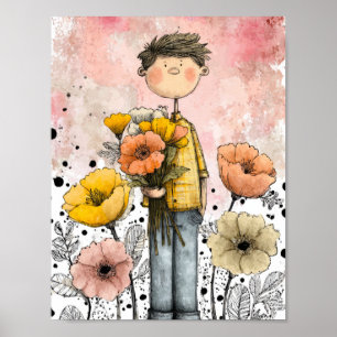 Wunderbarer Wasserfarbenjunge mit floralen Akzente Poster