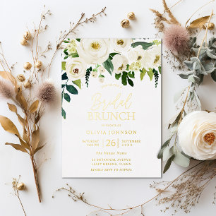 Wunderbares weißes florales Hochzeitsdusche-Brunch Folieneinladung