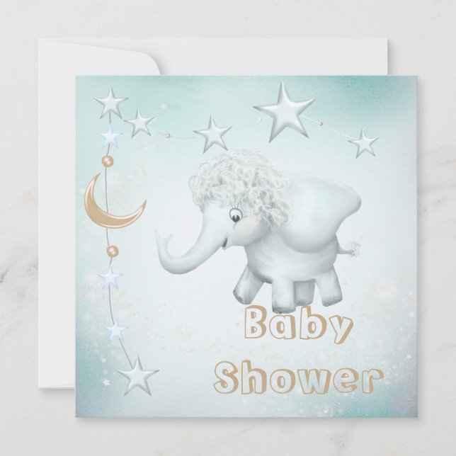 Wunderliche Elefant-, Mond-u. Stern-Babyparty Einladung (Vorderseite)
