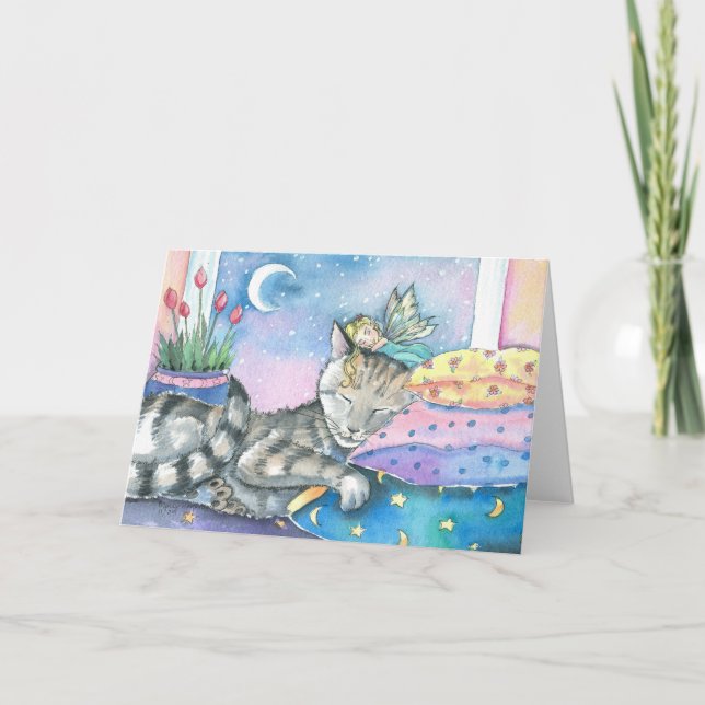 Wunderliche feenhafte Tabby-Katzen-Karte durch Karte (Vorderseite)