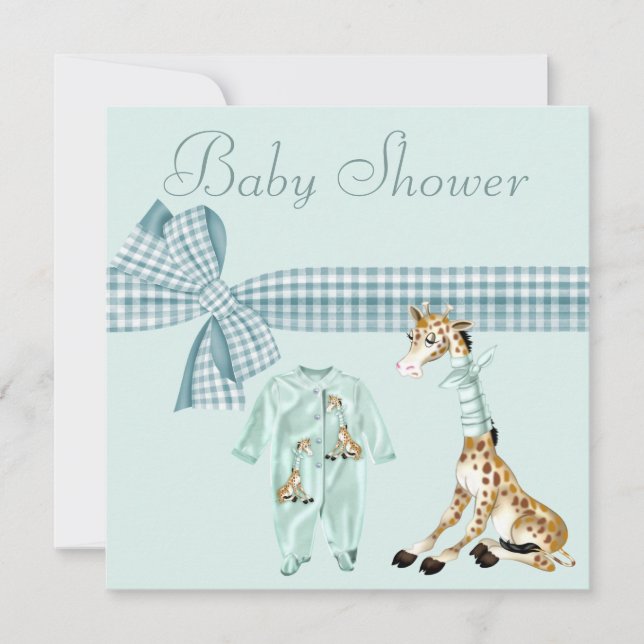 Wunderliche Giraffen-blaue Baby-Dusche Einladung (Vorderseite)