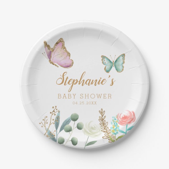 Wunderliche Goldschmetterlings-Garten-Babyparty Pappteller (Vorderseite)