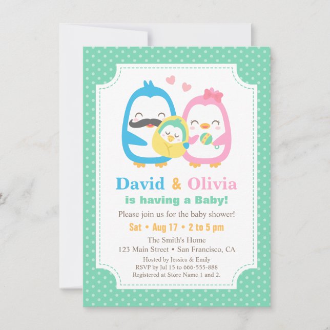 Wunderliche Pinguin-Familien-Babyparty-Einladungen Einladung (Vorderseite)