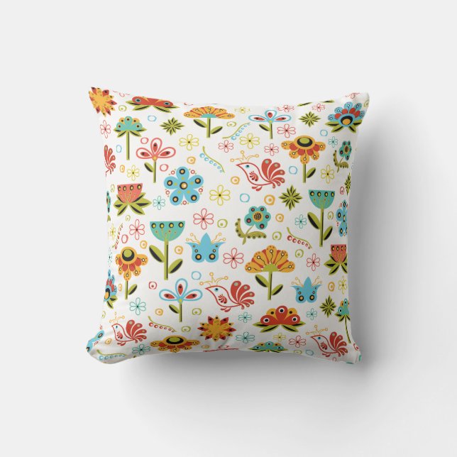 Wunderliche Retro Blumen und Vögel Kissen (Vorderseite)