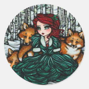Wunderliche Winterfox-Baum-Fantasie-feenhafte Runder Aufkleber