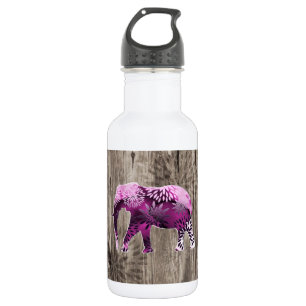 Wunderlicher bunter Blumenelefant auf hölzernem Trinkflasche