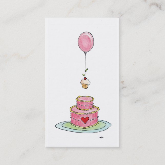 Wunderlicher rosa Kuchen-Ballon u. kleiner Kuchen Visitenkarte (Vorderseite)