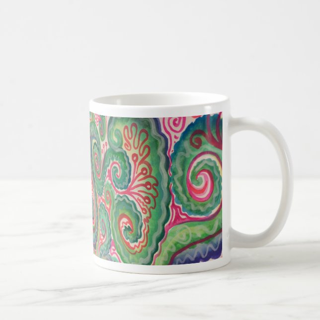 Wunderliches Aquarell: Rosa und hellgrünes Kaffeetasse (Rechts)