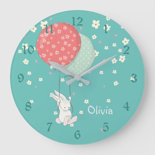 Wunderliches Häschen-Kaninchen-Kinderzimmer Große Wanduhr (Vorderseite)