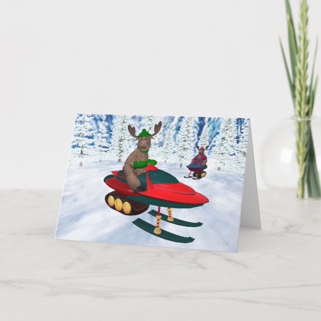 Wunderliches Ren auf Snowmobiles Feiertagskarte (Vorderseite)