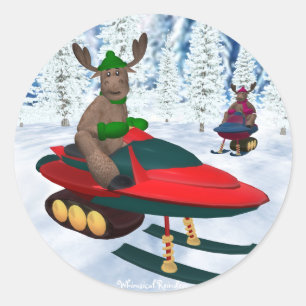 Wunderliches Ren auf Snowmobiles Runder Aufkleber