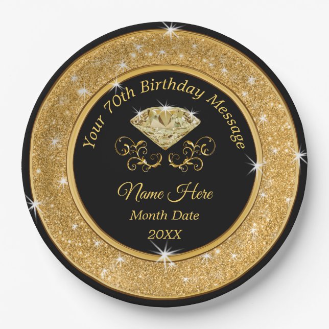 Wunderschöne Black and Gold 70th Birthday Paper Te Pappteller (Vorderseite)